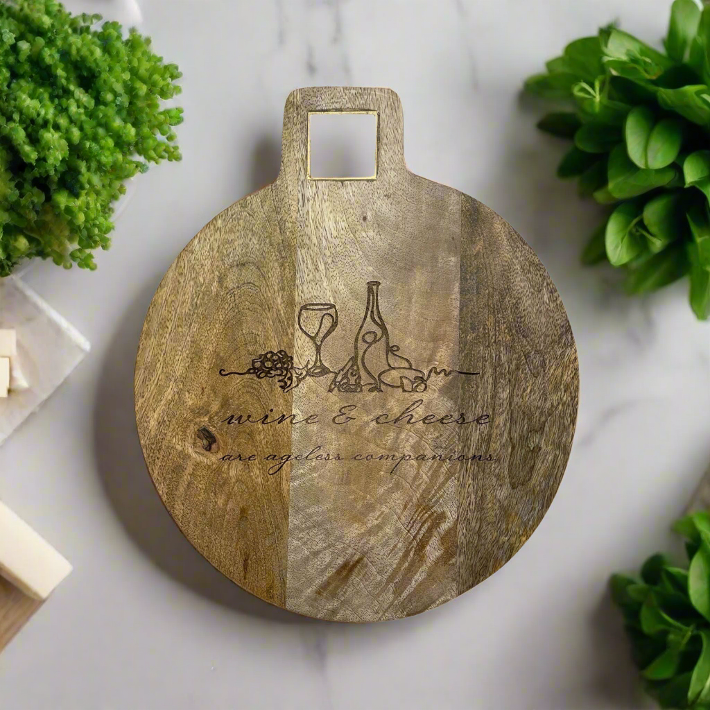 Round Mango Wood Cheese Board w/ Brass Trimmed Square Handle