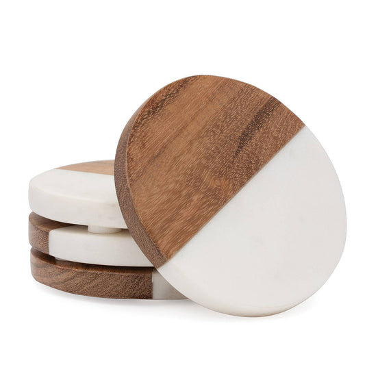 Natural Marble & Acacia Wood Round Coaster 4pk