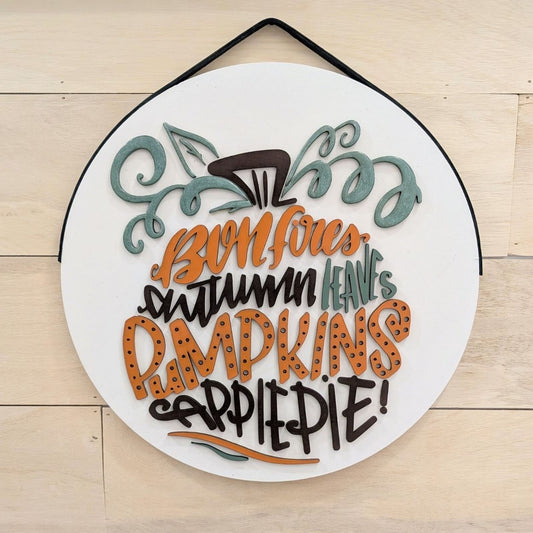 Bonfire, Autum Leaves, Pumpkins, & Apple Pie Round 3d Sign