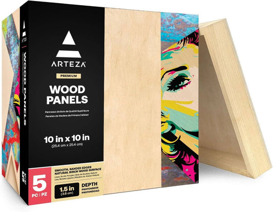 Arteza Wood Canvas Boards 10x10, 5-Pack