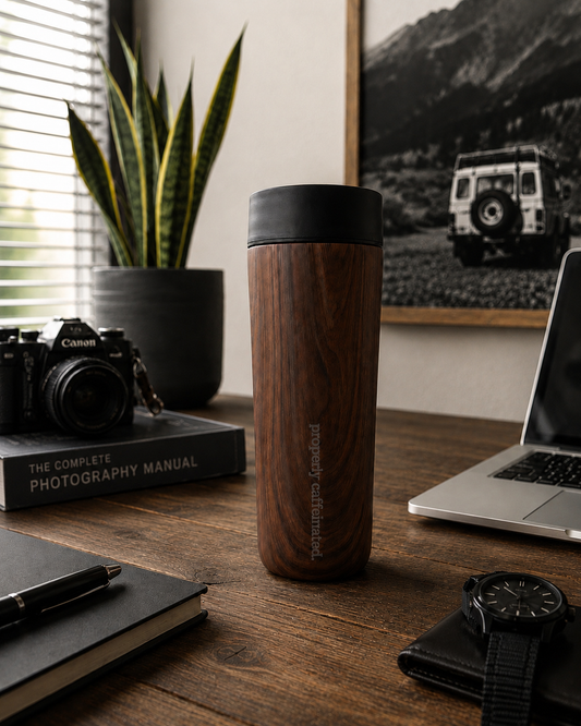 Engraved Corkcicle 17oz Commuter Cup Faux Walnut Wood