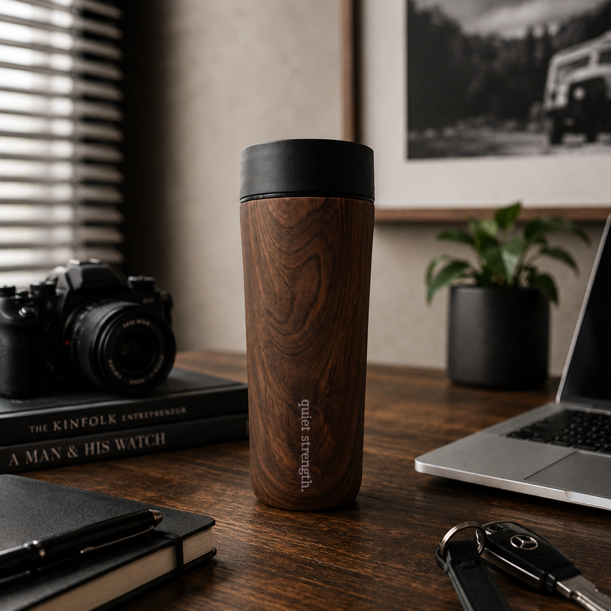 Engraved Corkcicle 17oz Commuter Cup Faux Walnut Wood
