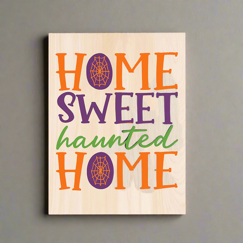 Wooden sign with 'Home Sweet Haunted Home' text in Halloween colors on a white background