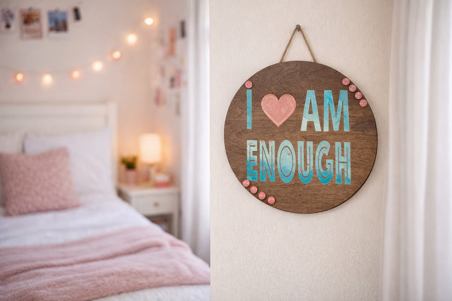 I ♥ AM ENOUGH 18” Round Wood Sign