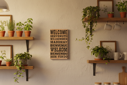 Welcome in Many Languages Wood Sign | 10"x15"