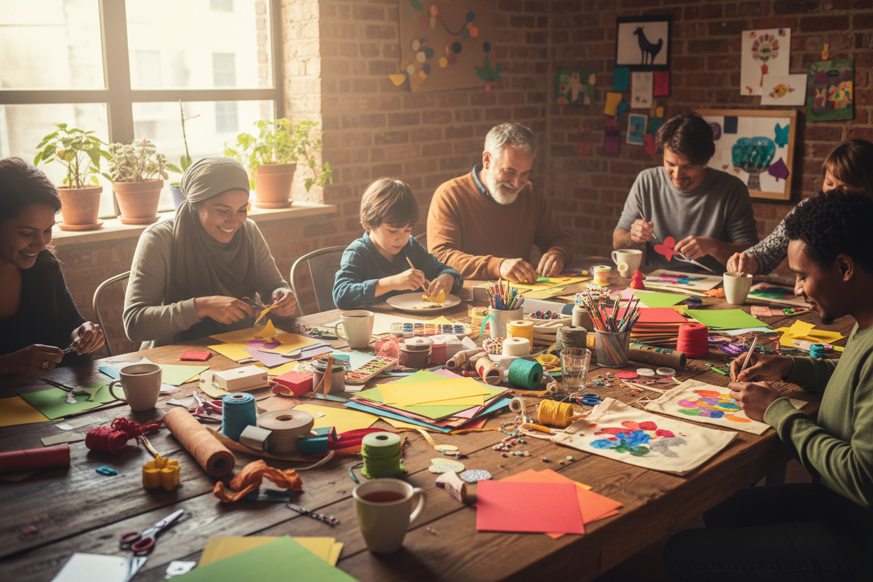 People around the table crafting 